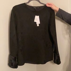 Catherine Malandrino Black Faux Suede Faux Fur Top